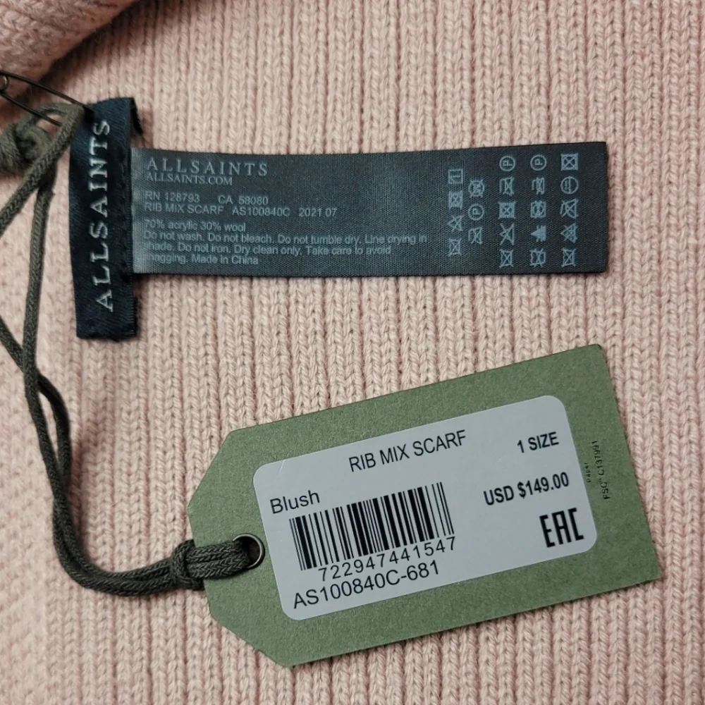 All Saints Rib Blush Wool Blend Scarf one size
